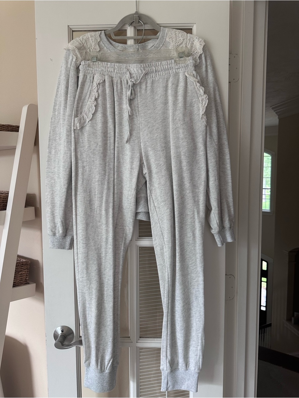 Heather Grey Jogger Set with Lace Trim